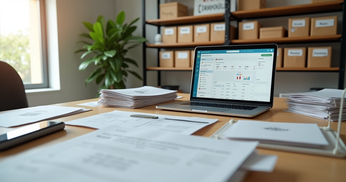 Gestão de correspondências em empresa com mesa organizada e documentos 