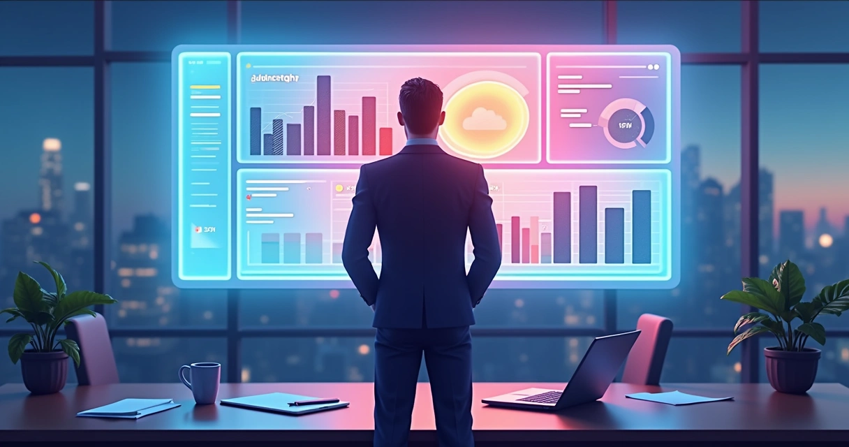 Corretor analisa gráficos de vendas imobiliárias em painel digital 