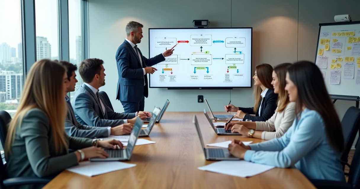 Gestor imobiliário apresentando processos padronizados para equipe de corretores em reunião 
