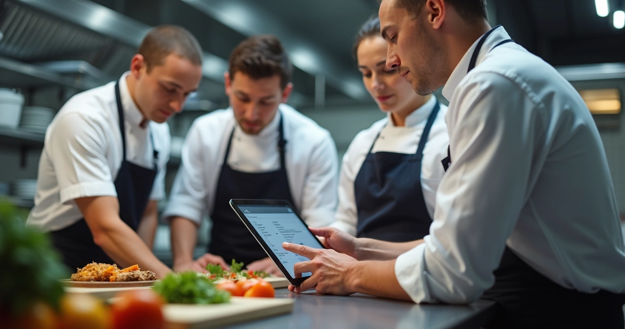 Equipe de cozinha com tablet monitorando ficha técnica digital