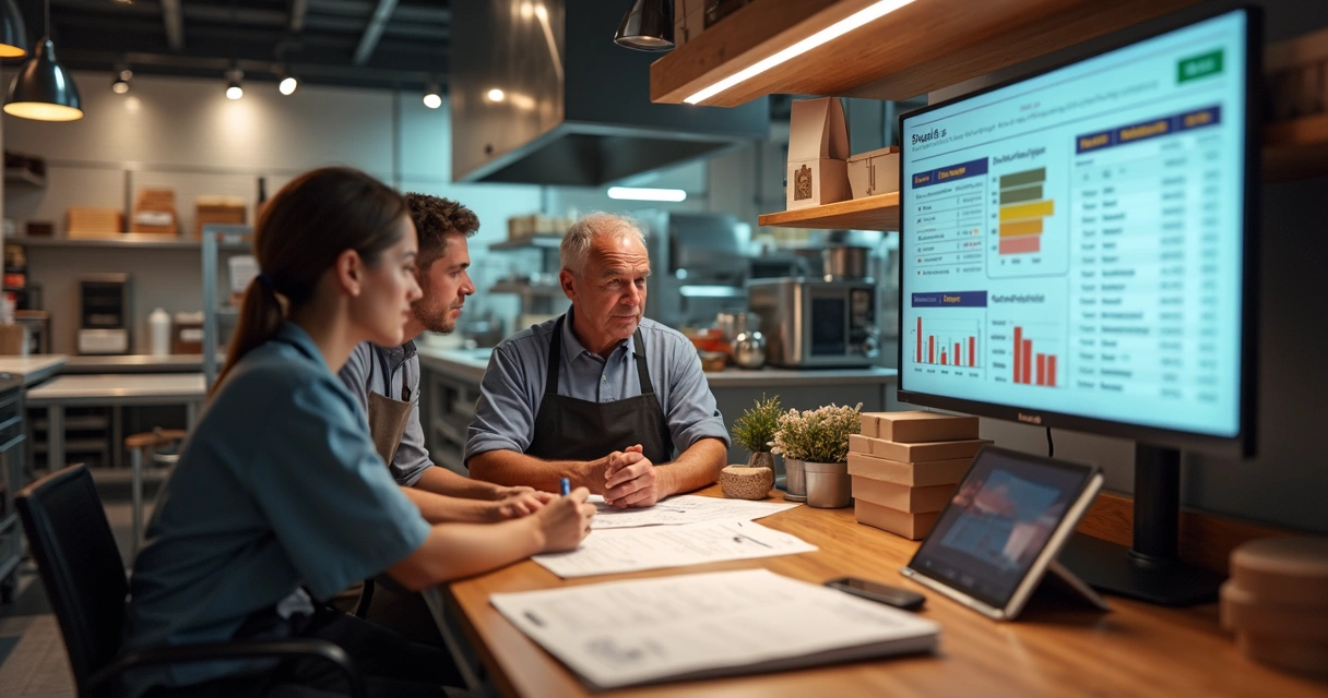 Equipe analisando indicadores de cozinha multimarcas 