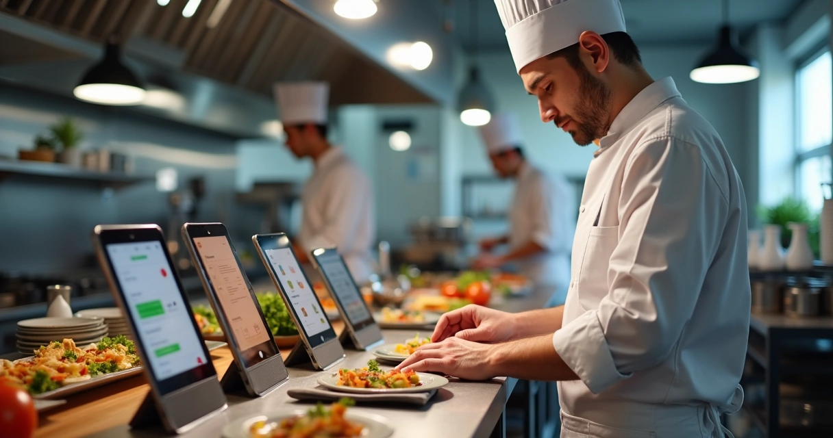 Gestor acompanhando pedidos de delivery em vários tablets na cozinha