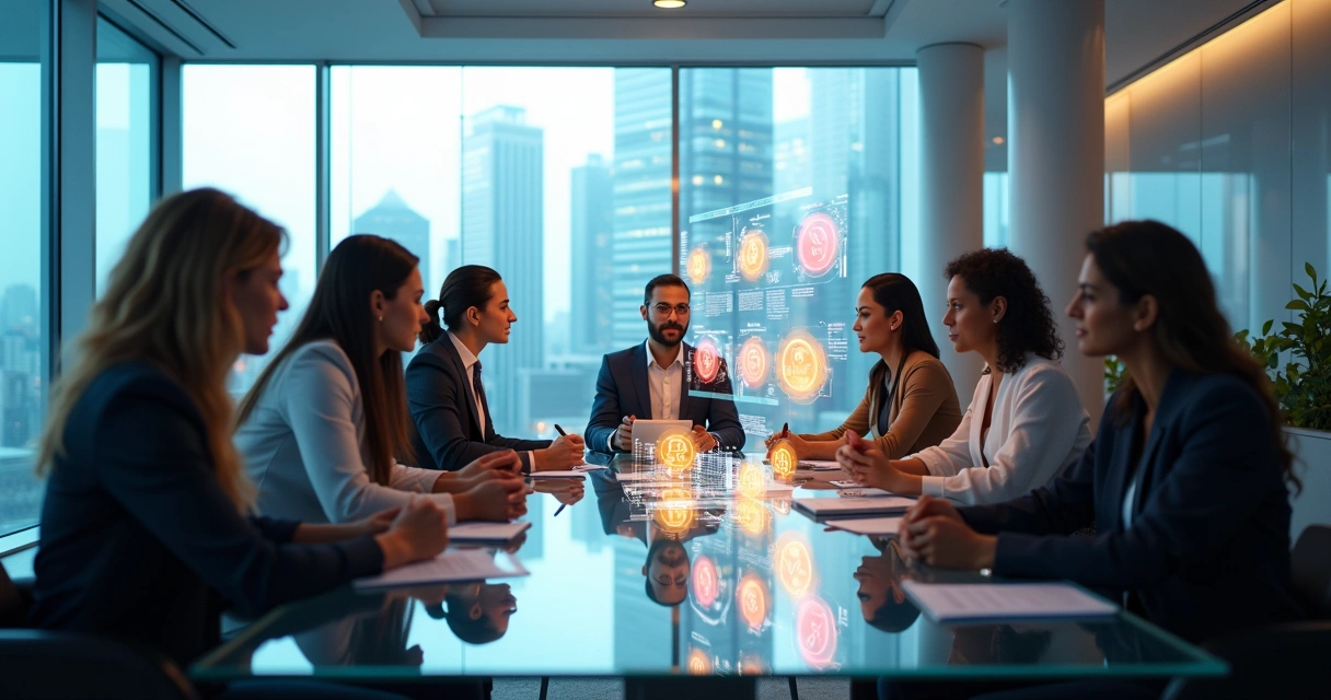 Equipe de trabalho em reunião com gráficos digitais e ícones de criptomoedas flutuando na frente 