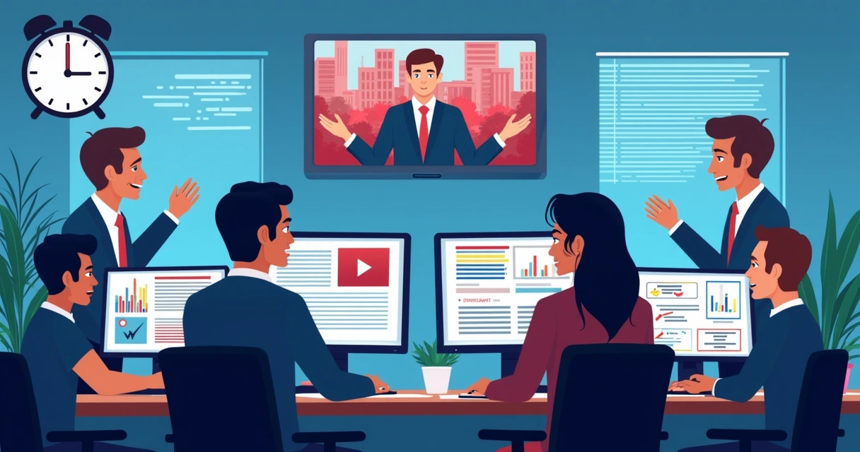 Equipe reagindo a crise política analisando notícias em computadores