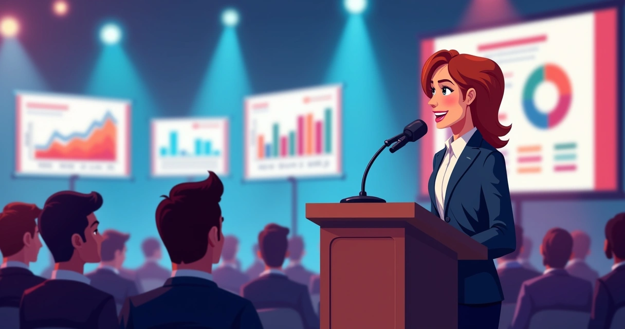 Mulher com microfone falando em evento enquanto equipe mostra gráficos ao fundo