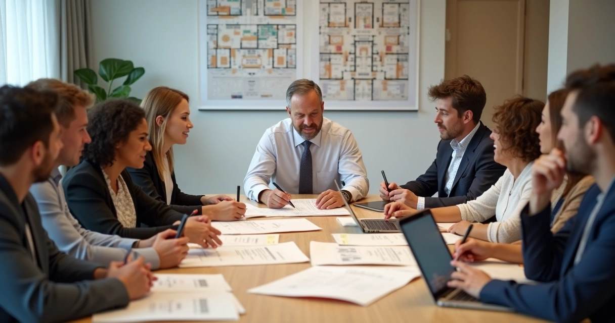 Síndico analisando plano de crise com equipe 