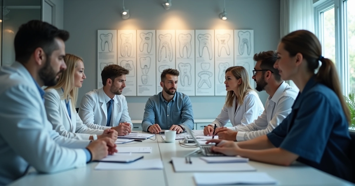 Equipe multifuncional discutindo plano de ação em sala de reunião em clínica odontológica