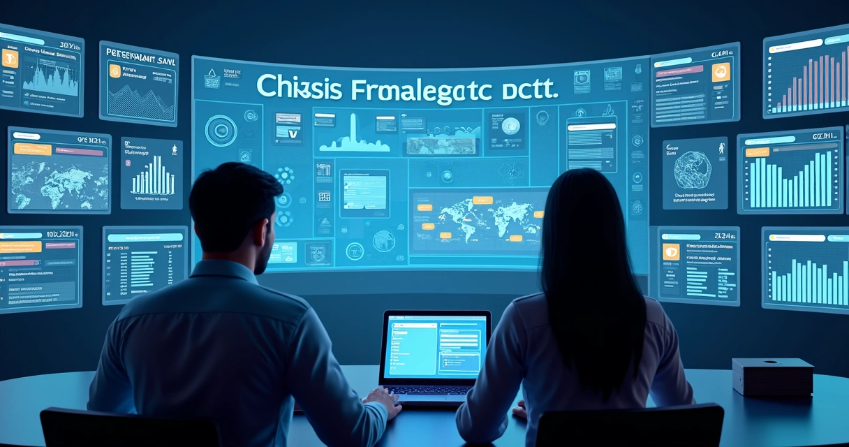 Gestão de crise digital com profissionais e gráficos na tela