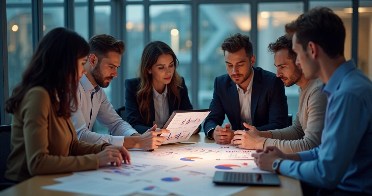 Equipe de gestão reunida analisando números financeiros 