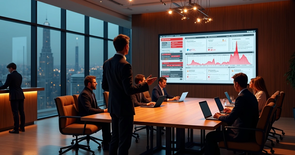 Gerente de hotel reunido com equipe analisando crise de imagem em telas digitais 