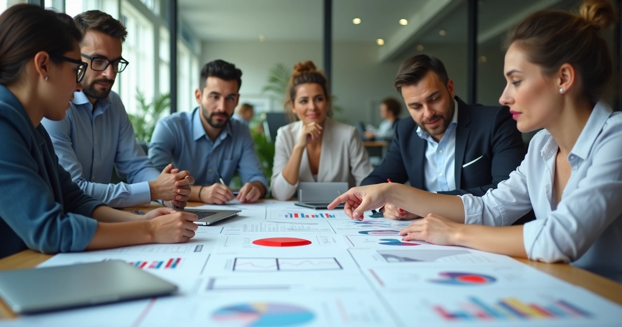 Equipe gestora reunida em mesa retangular discutindo crise, papéis e gráficos espalhados 