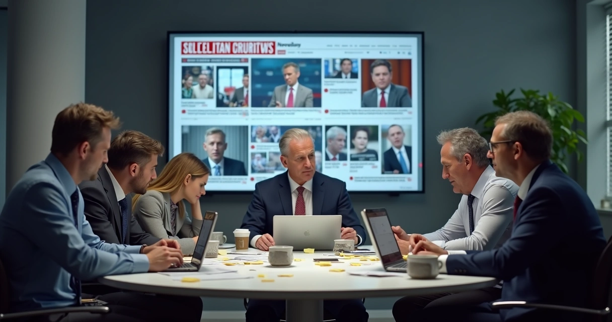Equipe política reunida com expressão preocupada analisando notícias em tablets e notebooks 