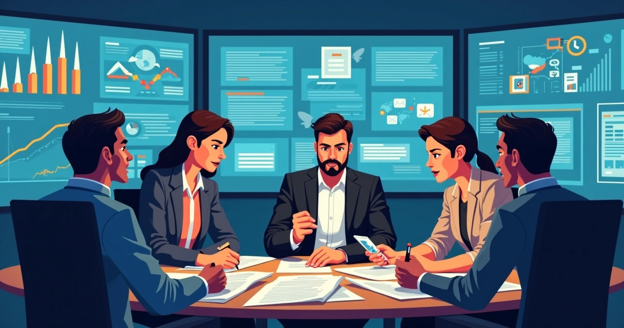 Time de gestão de crise analisando fluxo de notícias em painéis digitais