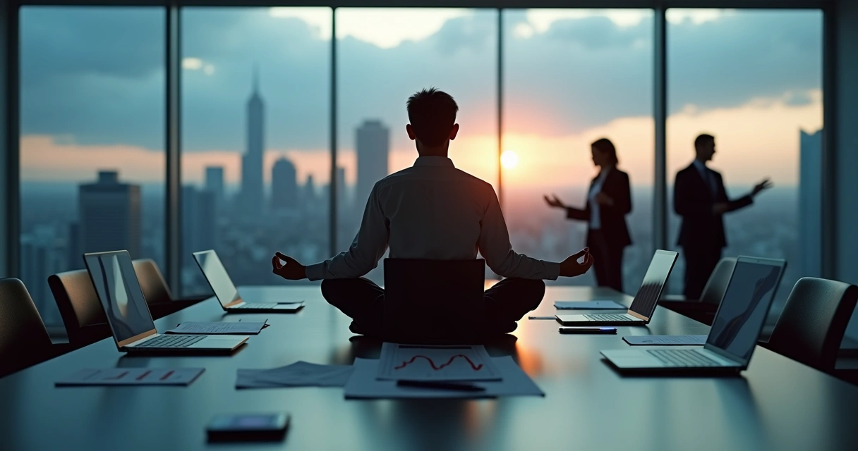 Líder sentado em meditação em sala de reunião durante situação de crise 