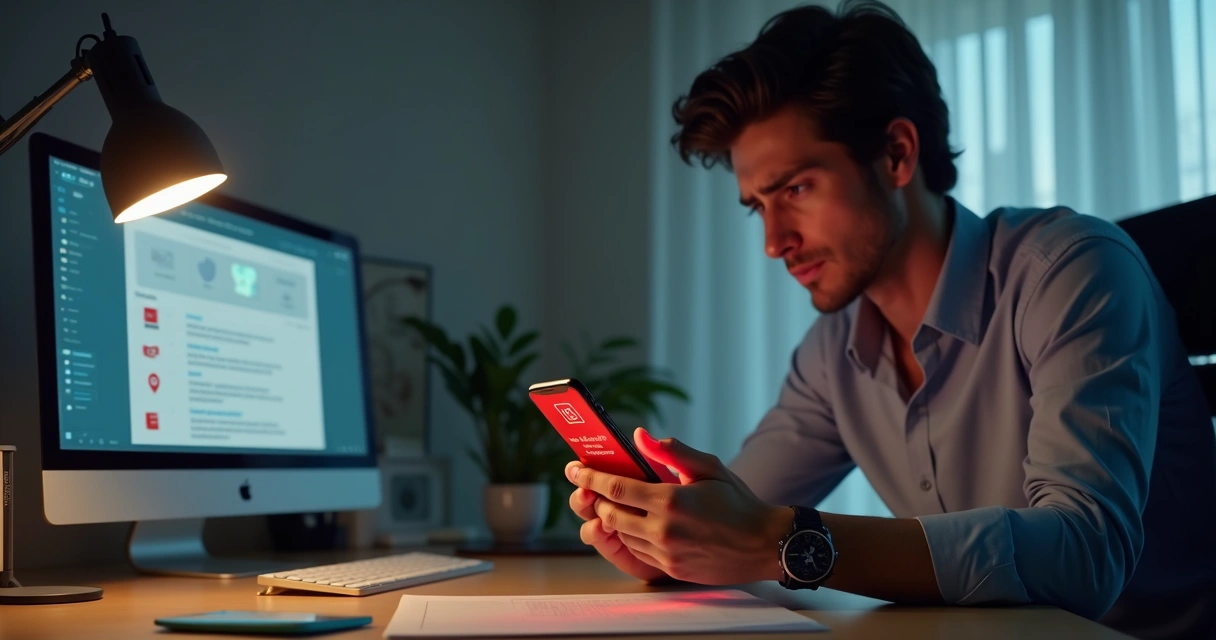 Profissional analisando celular com notificações críticas em redes sociais 