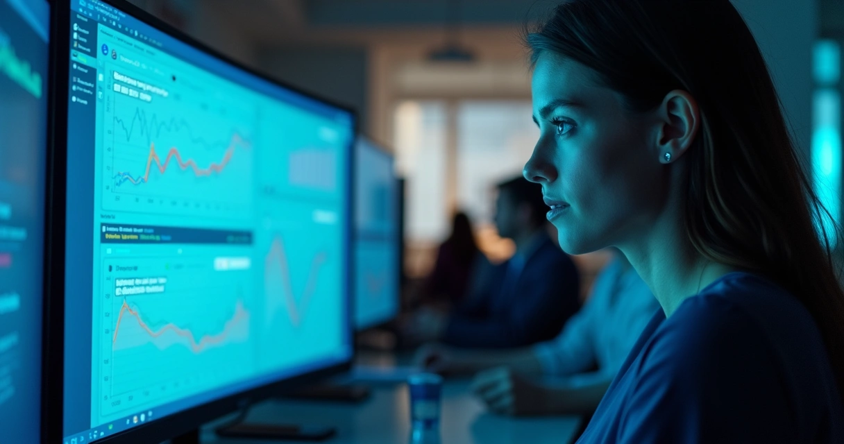 Profissional monitorando redes sociais em várias telas 