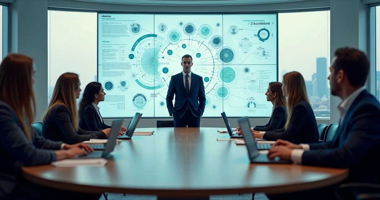 Líder observando equipe em mesa redonda com conexões sistêmicas sobrepostas 