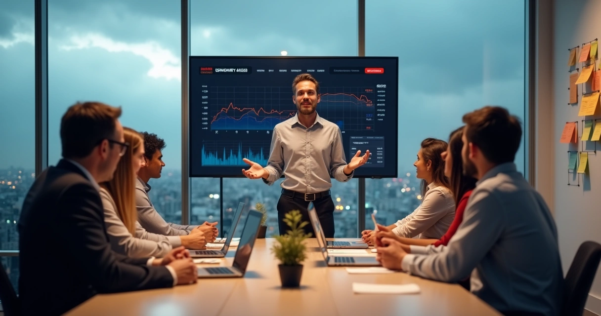 Líder sereno em sala de reunião guiando equipe durante crise 