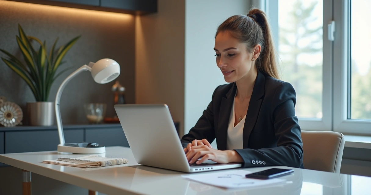 Profissional de micropigmentação atendendo cliente com laptop e anotações, ambiente clean e moderno de clínica estética, elementos tecnológicos discretos ao fundo 