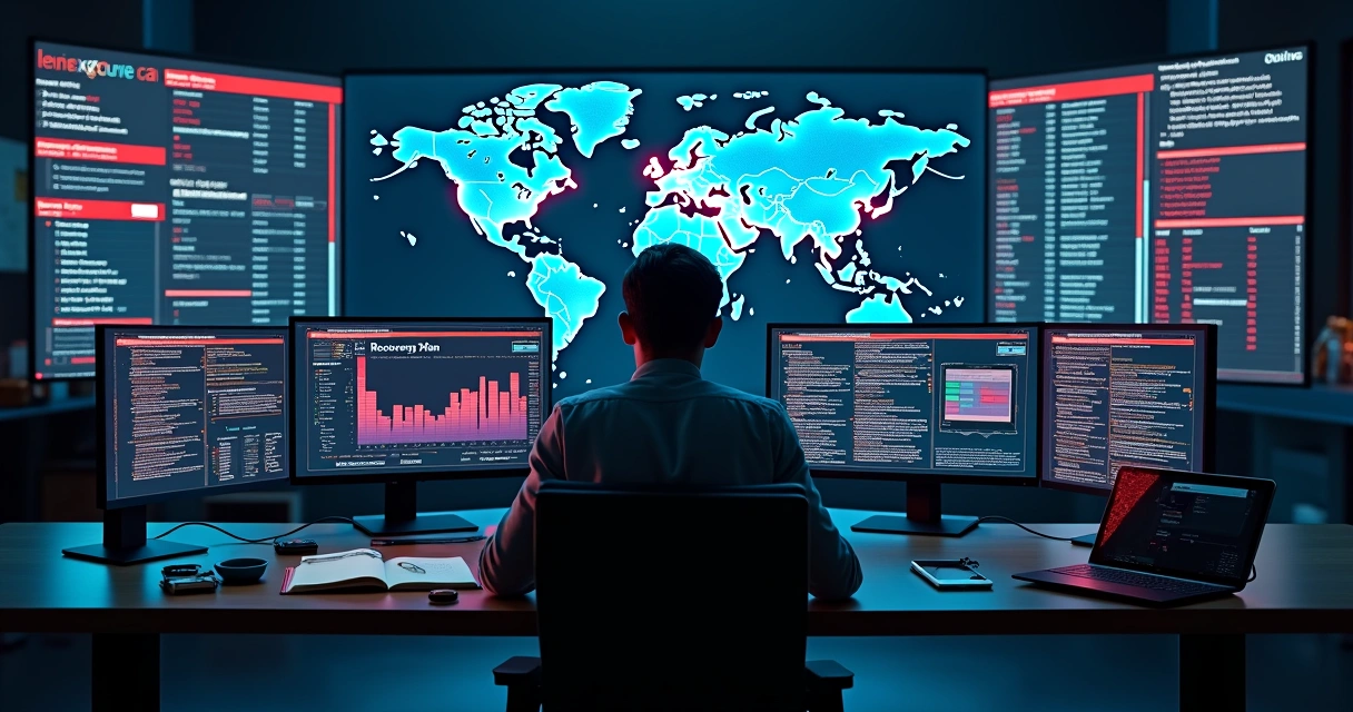 Profissional de TI monitorando ataque cibernético em centro de controle digital 