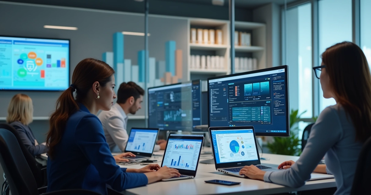 Escritório de contabilidade moderno com equipe usando computador e telas exibindo painel de CRM 