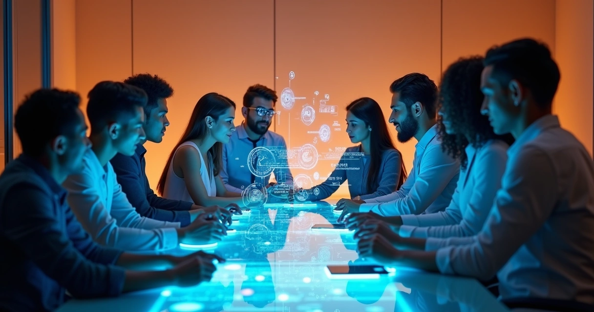 Equipe diversa em reunião digital com gráficos e ícones tecnológicos ao fundo representando cultura organizacional em escala 