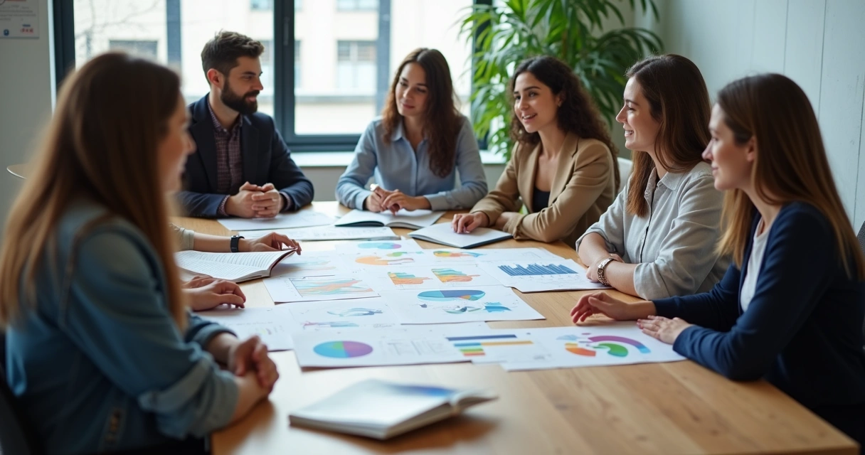 Equipe reunida analisando gráficos e exemplares de livros de sucesso do cliente