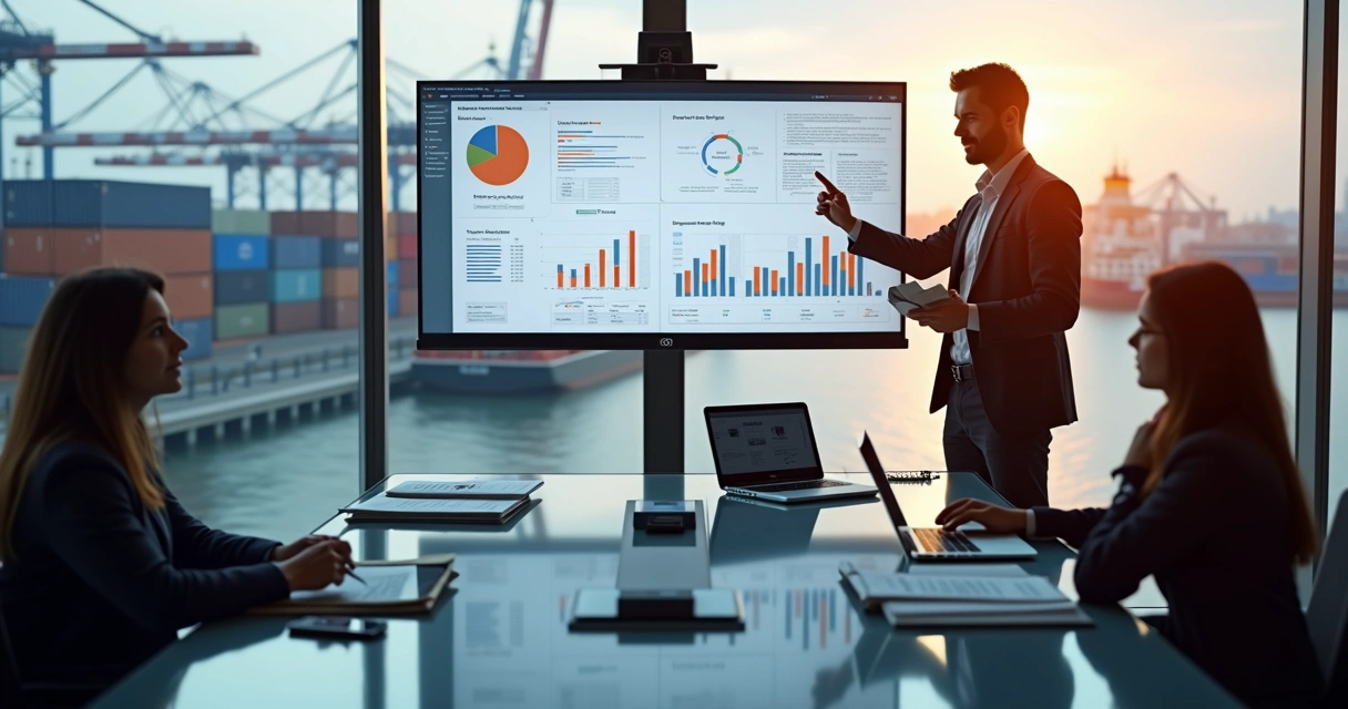 Gestor analisando custos operacionais em agência de carga moderna 