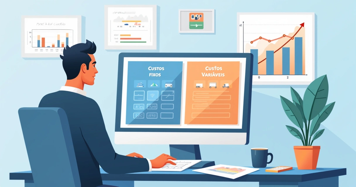 Empresário analisando custos fixos e variáveis em gráficos coloridos 