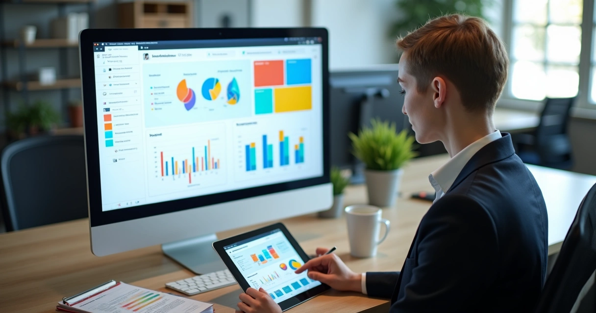 Profissional analisando gráficos de CRM em agência digital