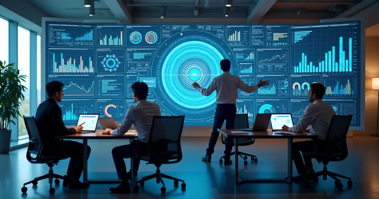 Profissionais analisando painéis digitais com gráficos e dados integrados 