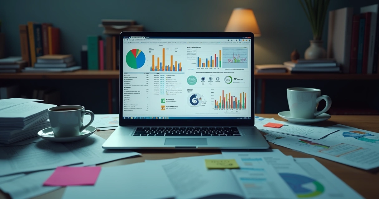 Mesa de trabalho bagunçada com papéis, laptop e gráficos confusos representando gestão de dados ineficiente 