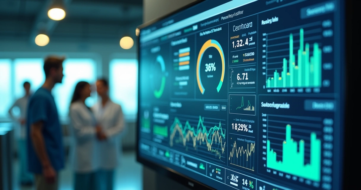 Painel digital de gestão de dados médicos mostrando gráficos e tarefas automatizadas 