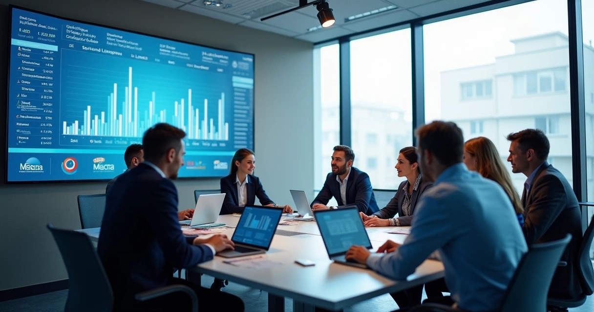 Equipe reunida em sala de reunião com gráficos de dados digitais projetados na parede 