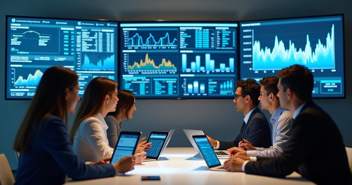 Equipe analisando dados financeiros em monitores e tablets 