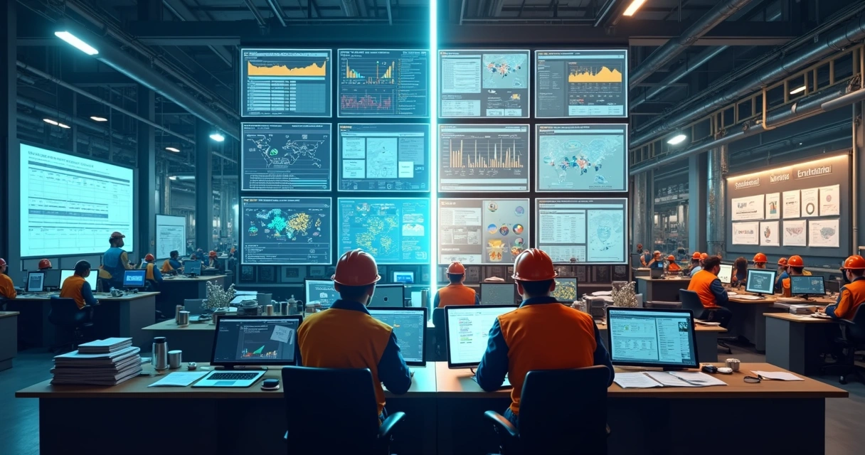 Tela dividida mostrando comparação entre gestão de dados centralizada e descentralizada na manutenção industrial 