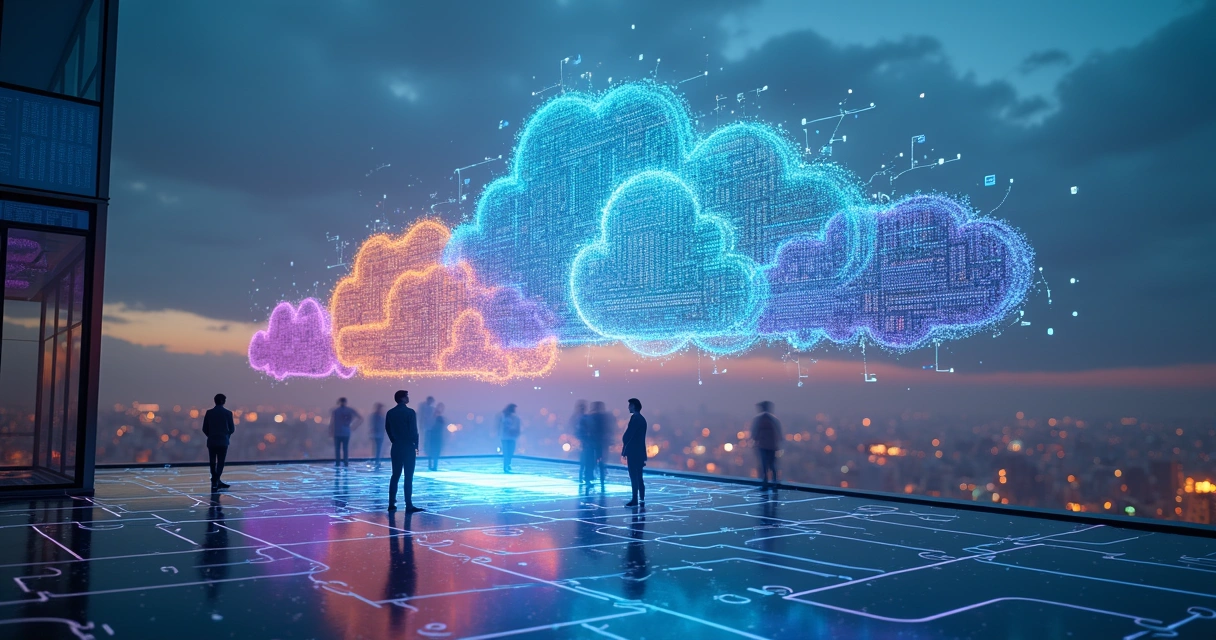 Labirinto digital colorido interligando múltiplas nuvens de dados 