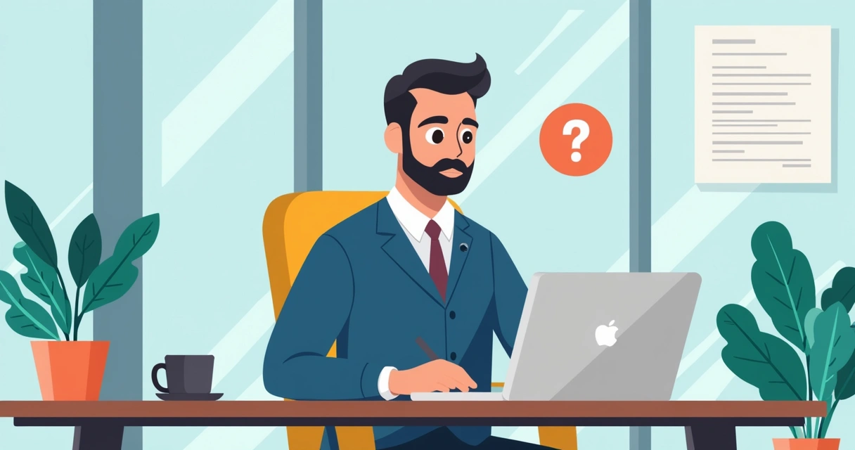 Ilustração corporativa de um profissional digitando em laptop com ícones de cadeado, dados e pesquisa ao redor 