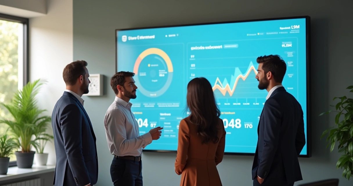 Ambiente de pequena empresa com dashboard digital e equipe reunida analisando indicadores 