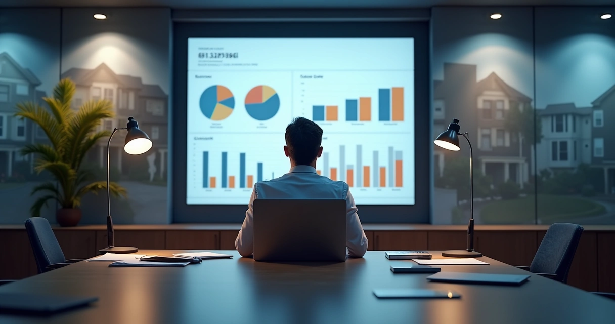 Corretor em escritório analisando relatórios de dados em tela grande