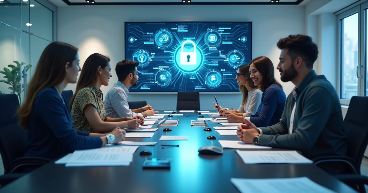 Equipe de TI reunida analisando fluxos de dados em telas grandes 