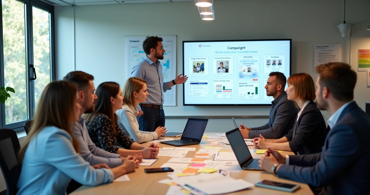 Equipe reunida organizando comunicação personalizada de campanha eleitoral 