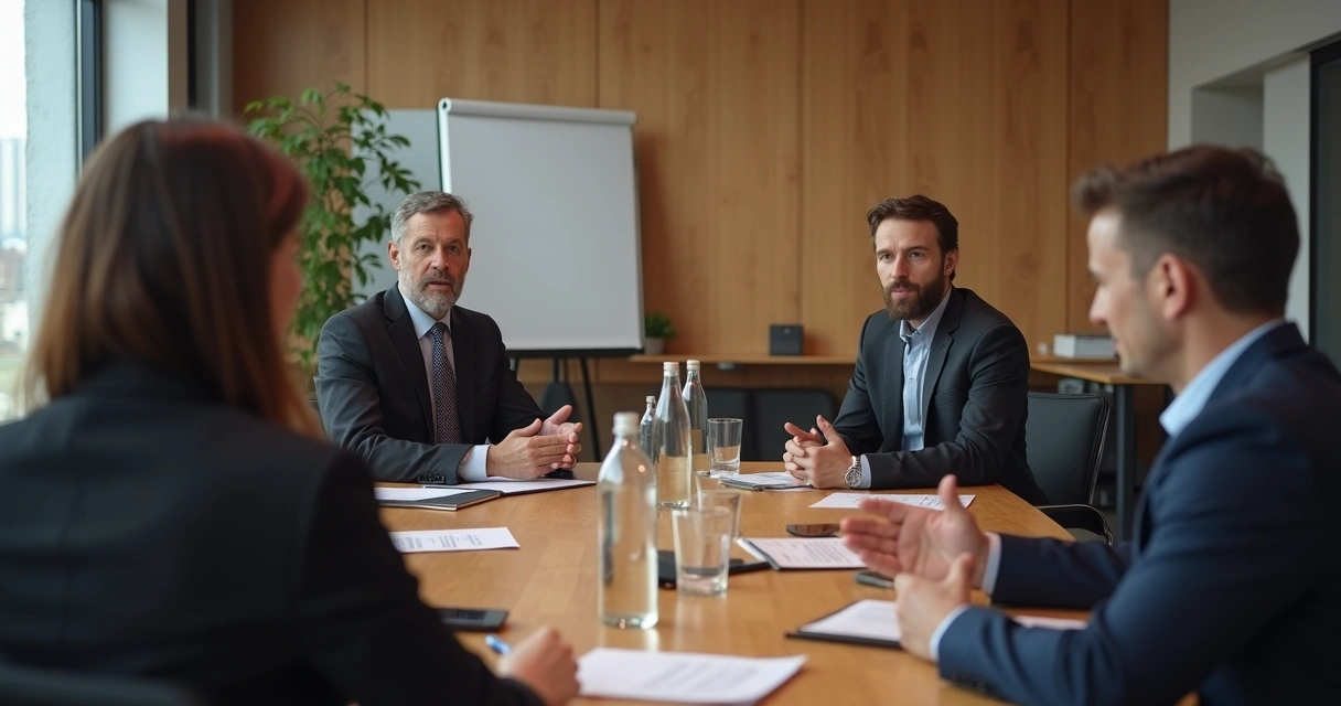 Dois líderes conversando calmamente diante de equipe, gesticulando de forma tranquila. 