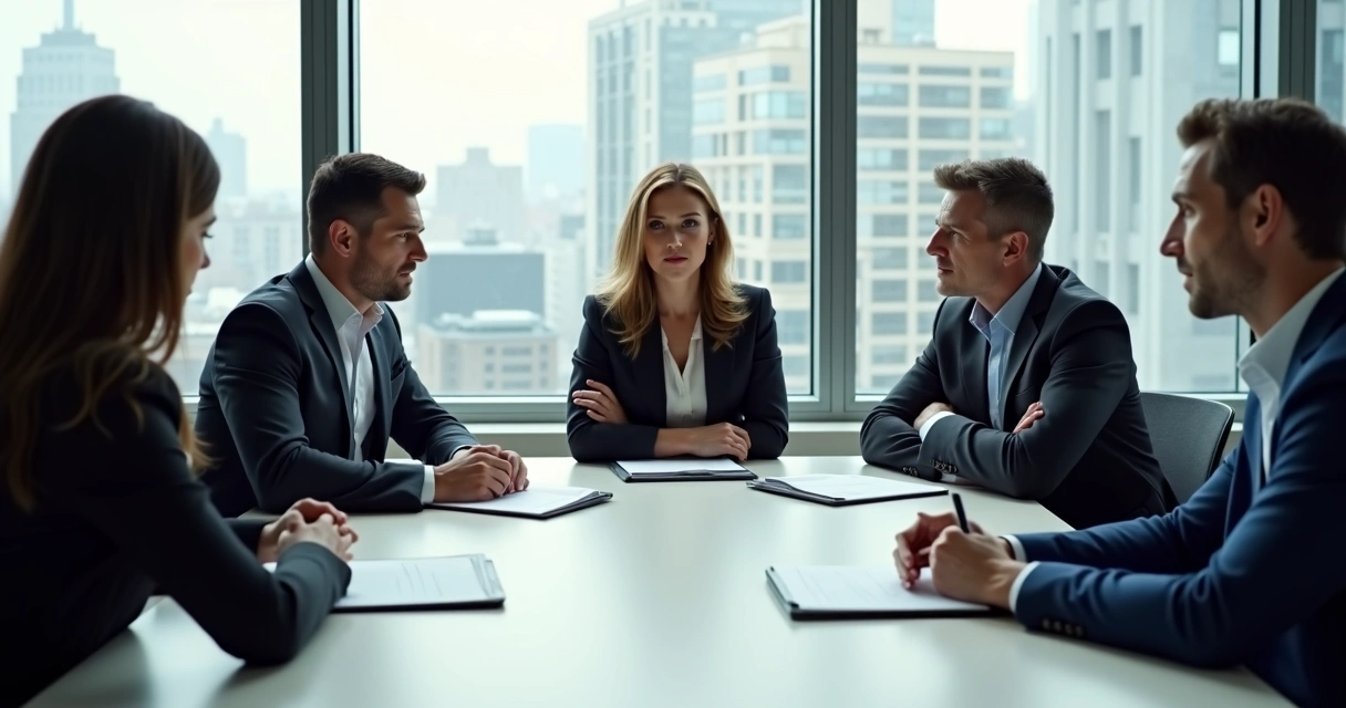 Reunião de pessoas com expressão séria discutindo ao redor de uma mesa de reunião 