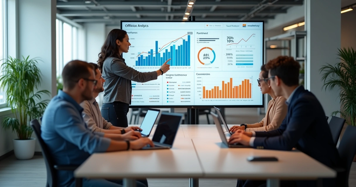 Equipe de marketing organizando campanha digital com gráficos e telas de análise ao fundo 