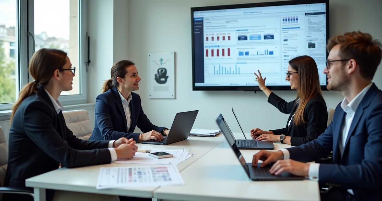 Equipe reunida analisando plano de gestão de crise com gráficos e laptops