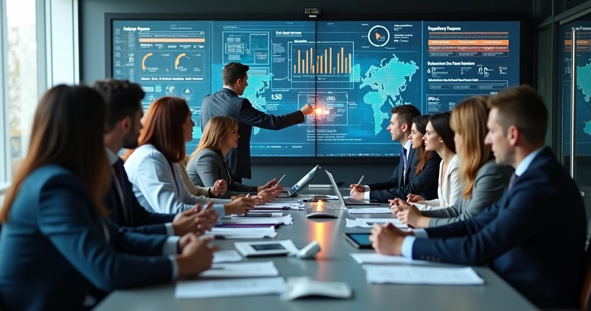 Equipe reunida analisando dados digitais para tomada de decisão rápida em crise 