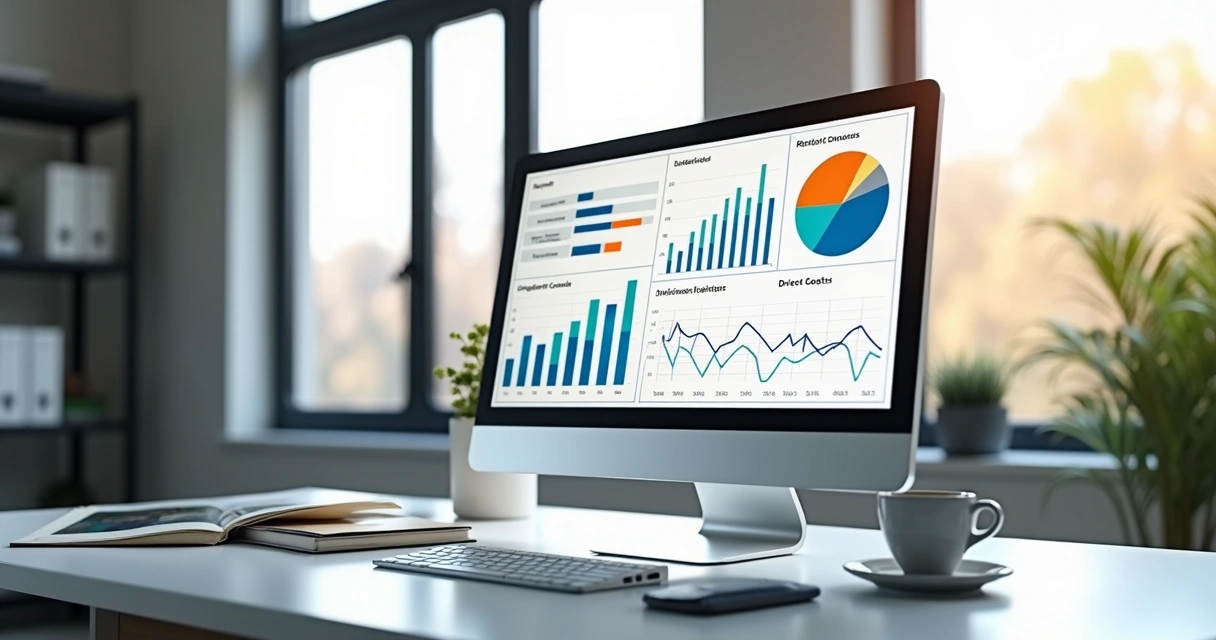 Tela de computador com gráficos financeiros e tabelas de custos diretos e indiretos, ambiente de escritório moderno ao fundo