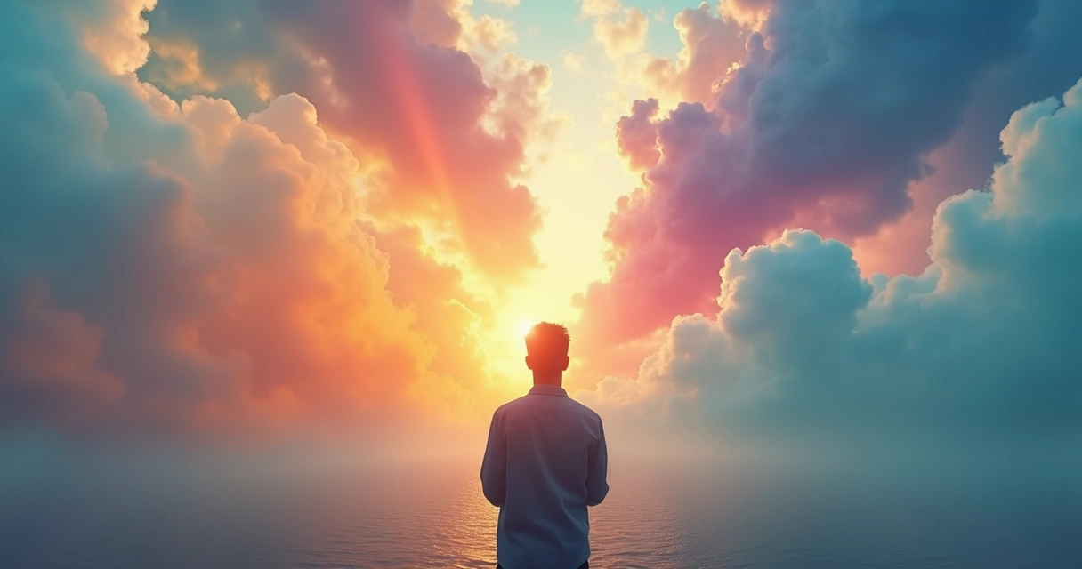 Pessoa olhando para o horizonte com nuvens coloridas ao redor 