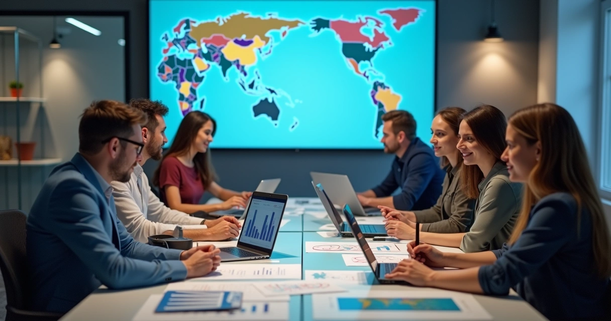 Equipe de vendas de turismo reunida analisando gráficos de resultados em uma sala moderna.